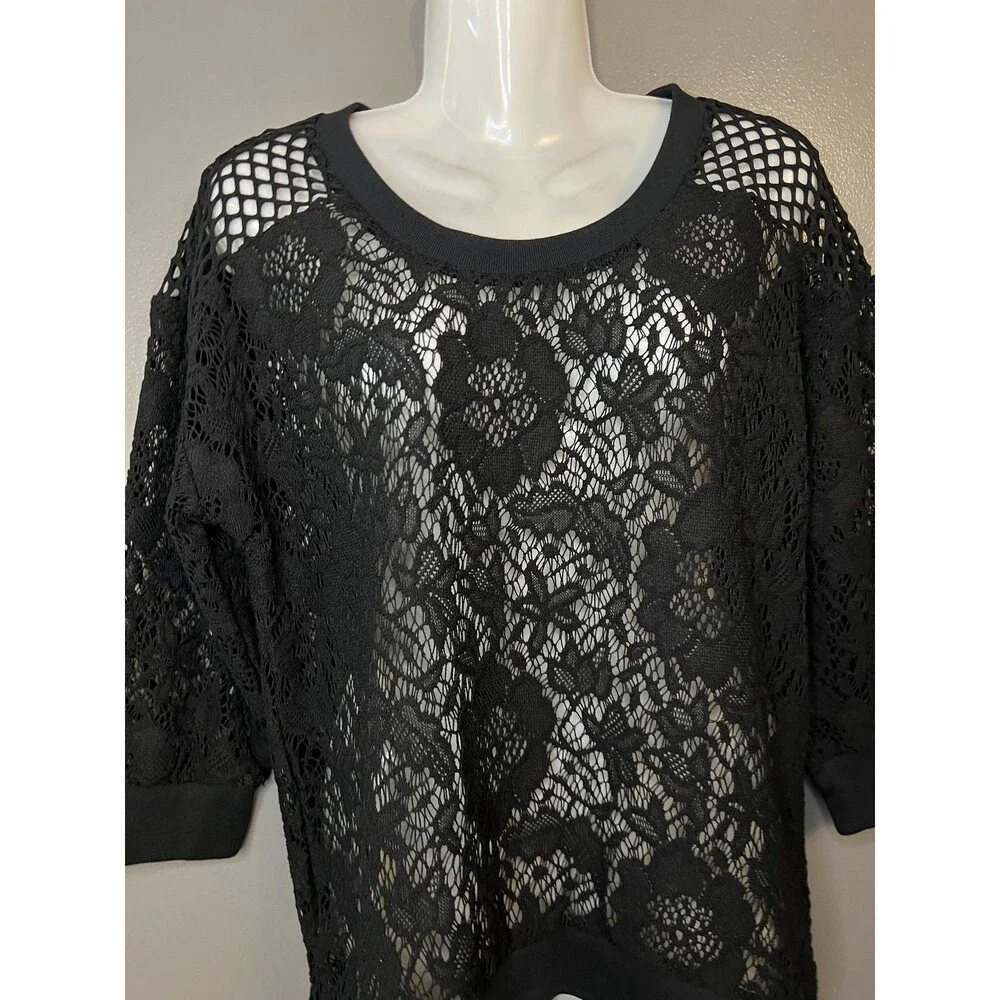 Express Pullover Womens Small Black Sheer Lace Floral Mesh Knit 3/4 Sleeve Top - Picture 2 of 6